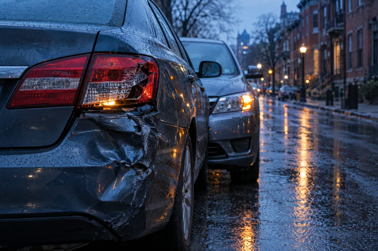 Two cars after a rear-end collision on a wet city street at dusk, with a crumpled bumper and a cracked taillight