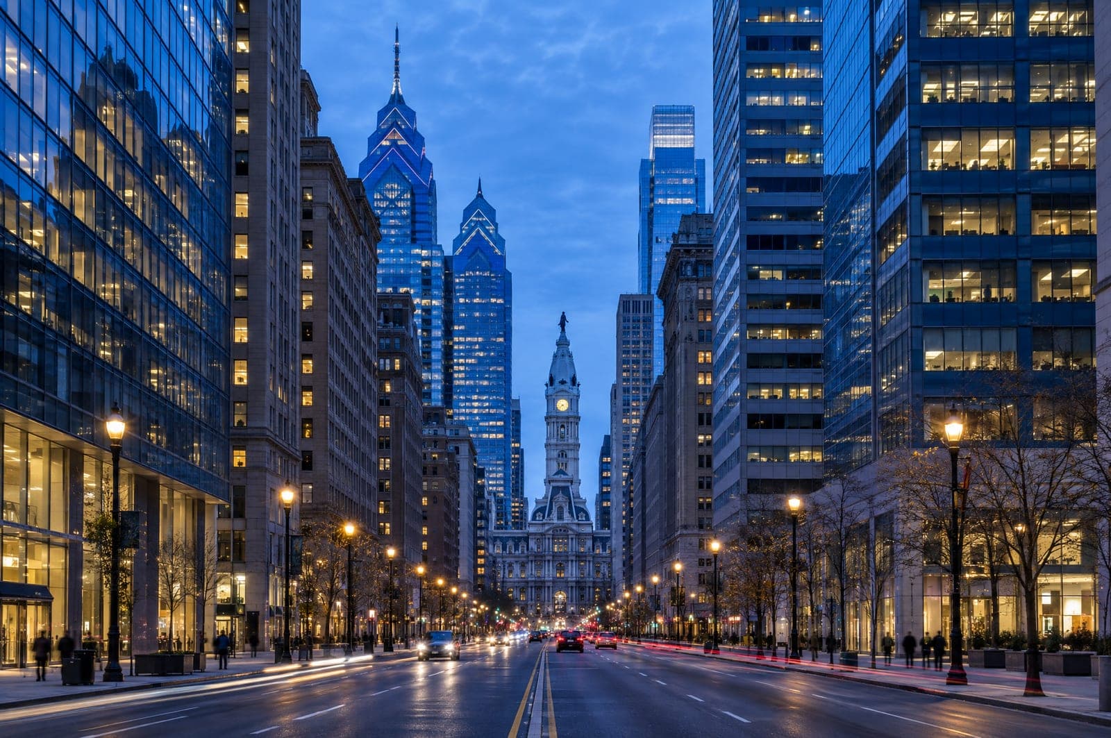A Center City Philadelphia avenue at dusk, lined with office towers and looking toward City Hall