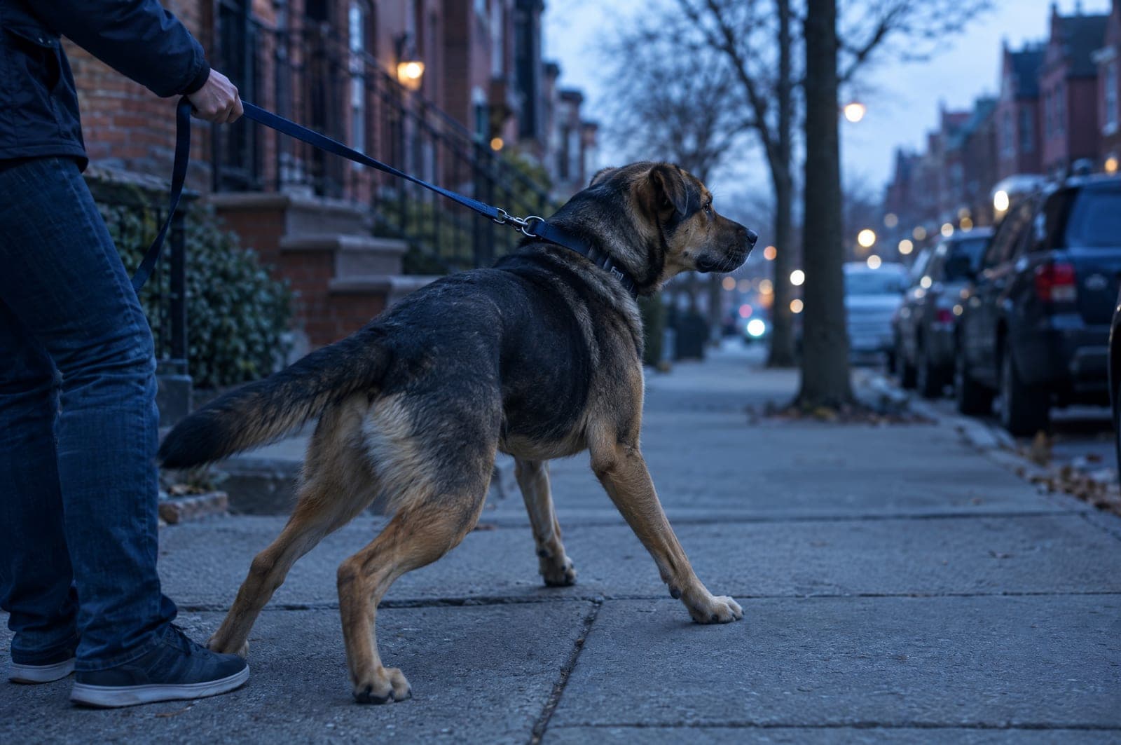 A large dog pulling against its leash on a residential sidewalk lined with brick rowhouses