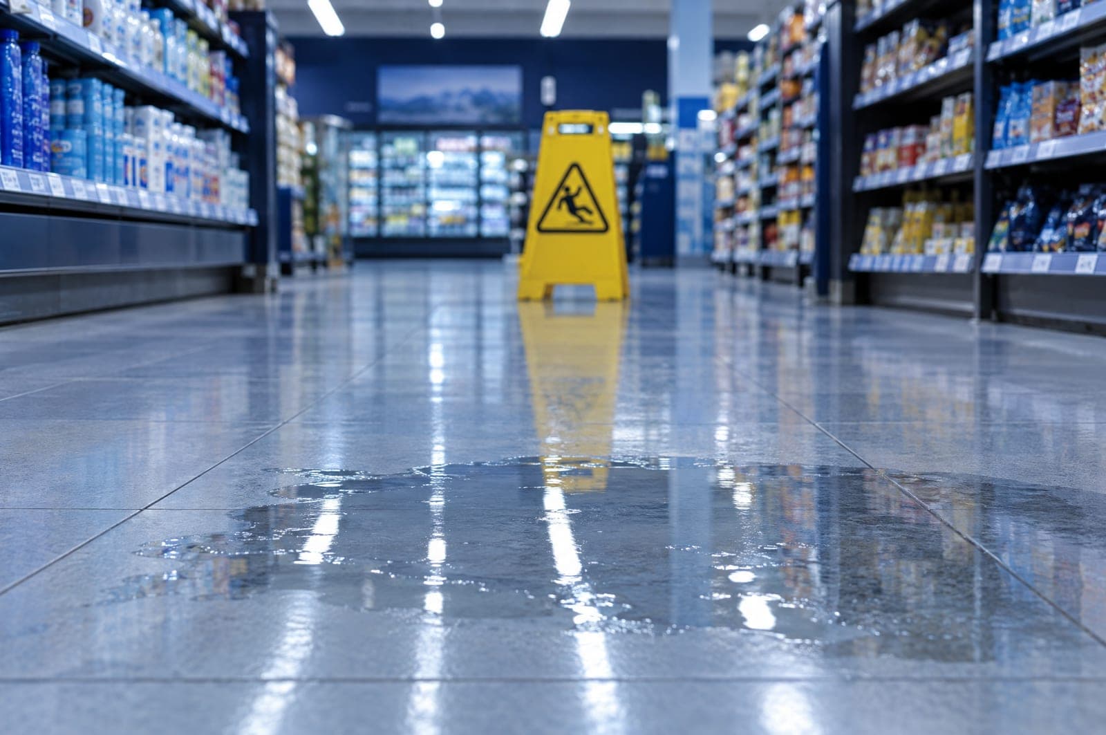 A puddle of water on a glossy supermarket floor with a yellow wet floor caution sign in the background