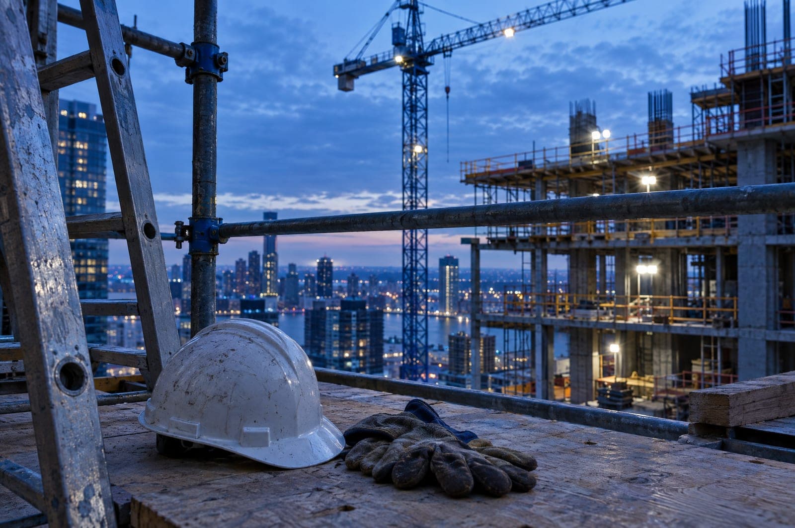 A hard hat and work gloves resting on scaffolding at a high-rise construction site at dusk