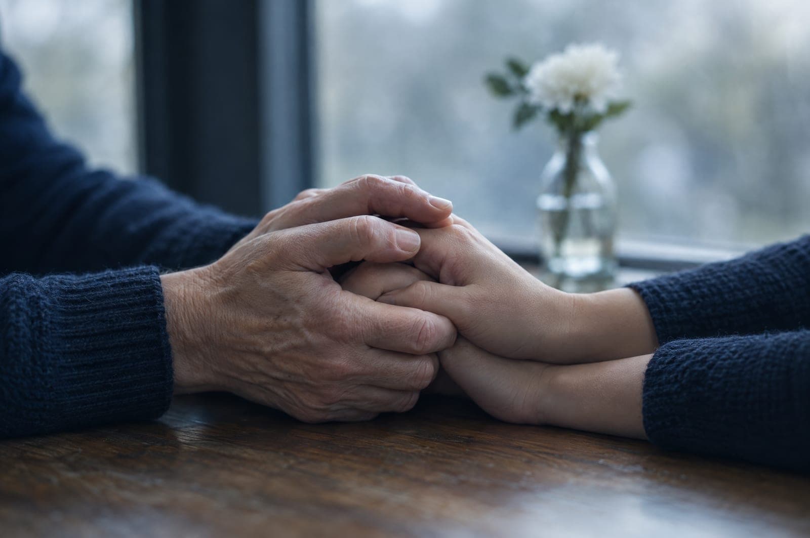Two people's hands clasped together in comfort on a wooden table beside a window
